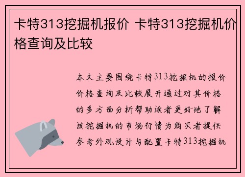 卡特313挖掘机报价 卡特313挖掘机价格查询及比较