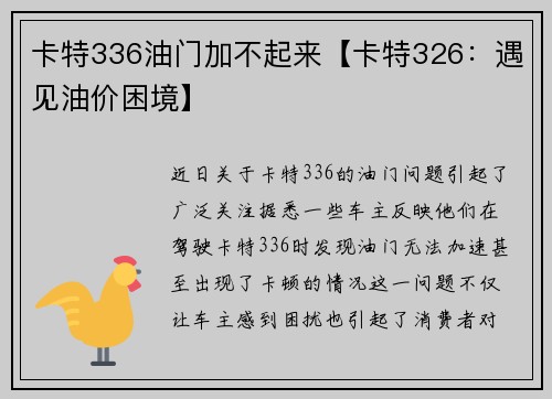 卡特336油门加不起来【卡特326：遇见油价困境】