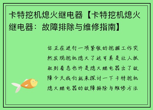 卡特挖机熄火继电器【卡特挖机熄火继电器：故障排除与维修指南】